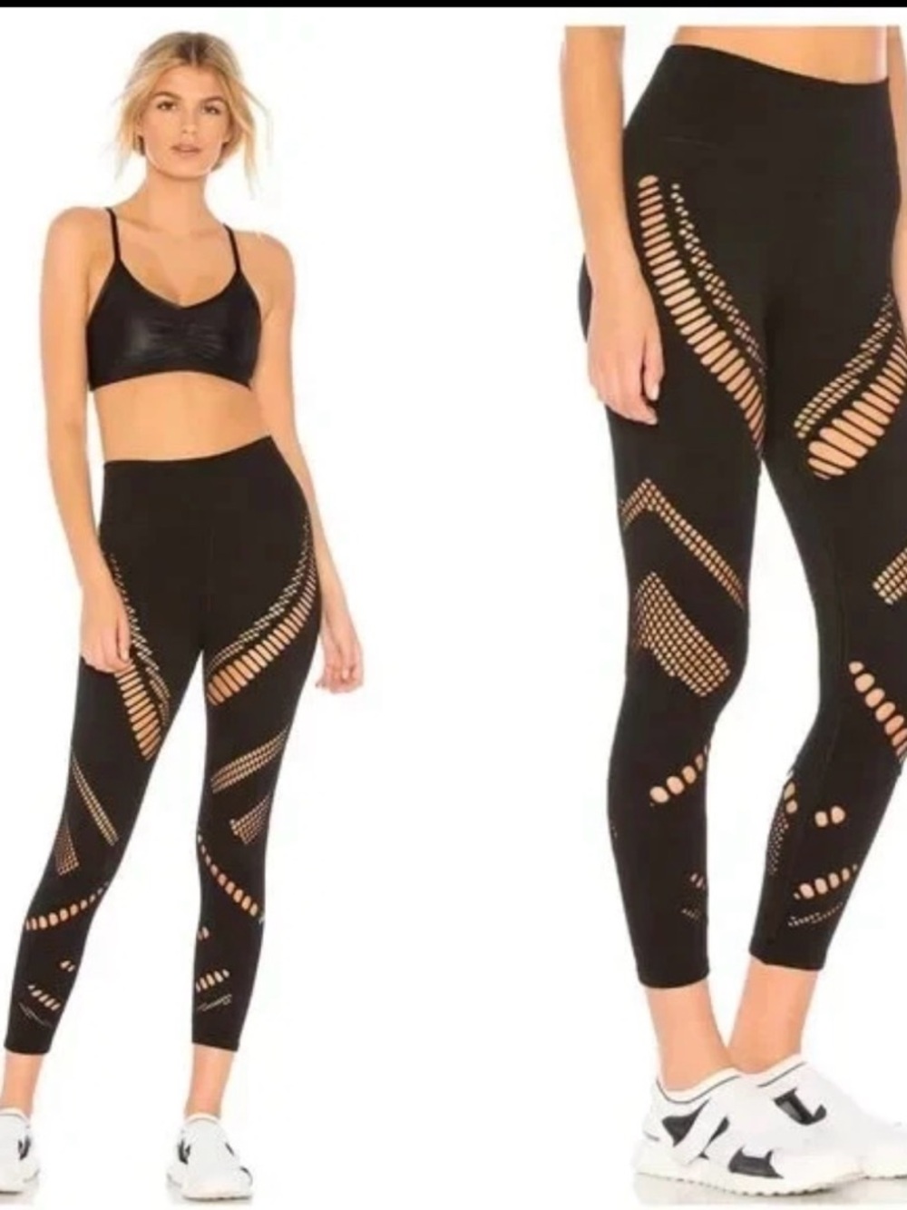NWT ALO Yoga Radiance Seamless Black Mesh Panel Cropped High Waist Leggings